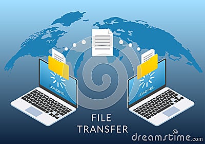File transfer concept. Two Laptop computers with folders send and upload documents. File copy, data or information exchange design Vector Illustration